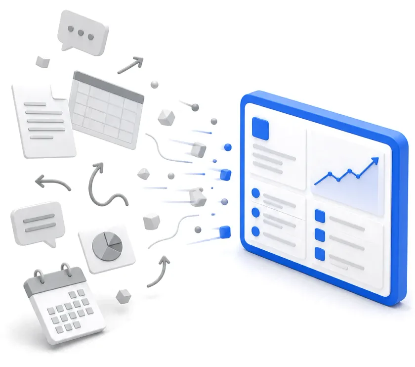 Scattered documents, spreadsheets, messages and a calendar converging into one organised product dashboard