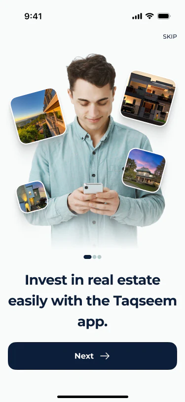 Taqseem onboarding screen: "Invest in real estate easily with the Taqseem app"