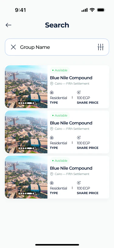 Taqseem search results listing investment groups with unit type and share price