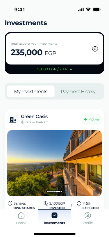 Taqseem investments screen showing total value and an active group with share count