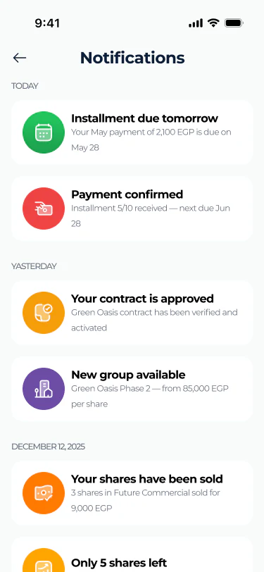 Taqseem notifications: instalment due, payment confirmed, contract approved
