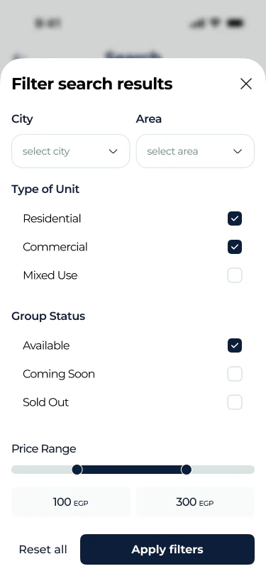 Taqseem filter panel: city, area, unit type, group status and price range