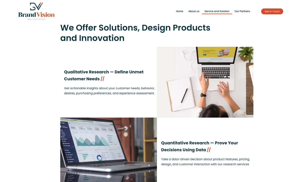 Brand Vision solutions page: the qualitative and quantitative research services