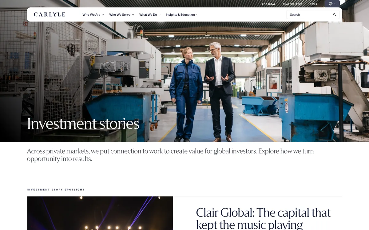 Carlyle investment stories page: how the firm describes its work with companies