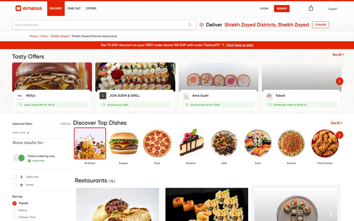 elmenus delivery page: the offers strip above the top dishes and restaurants