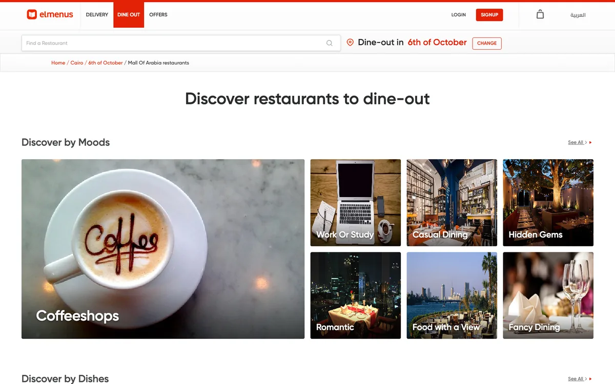 elmenus dine-out page: restaurants grouped by mood