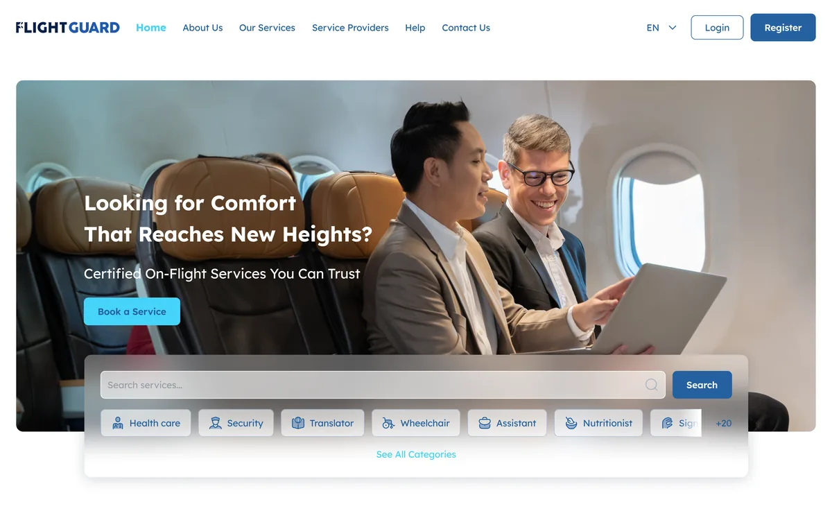 FlightGuard service search: the categories a passenger can search by