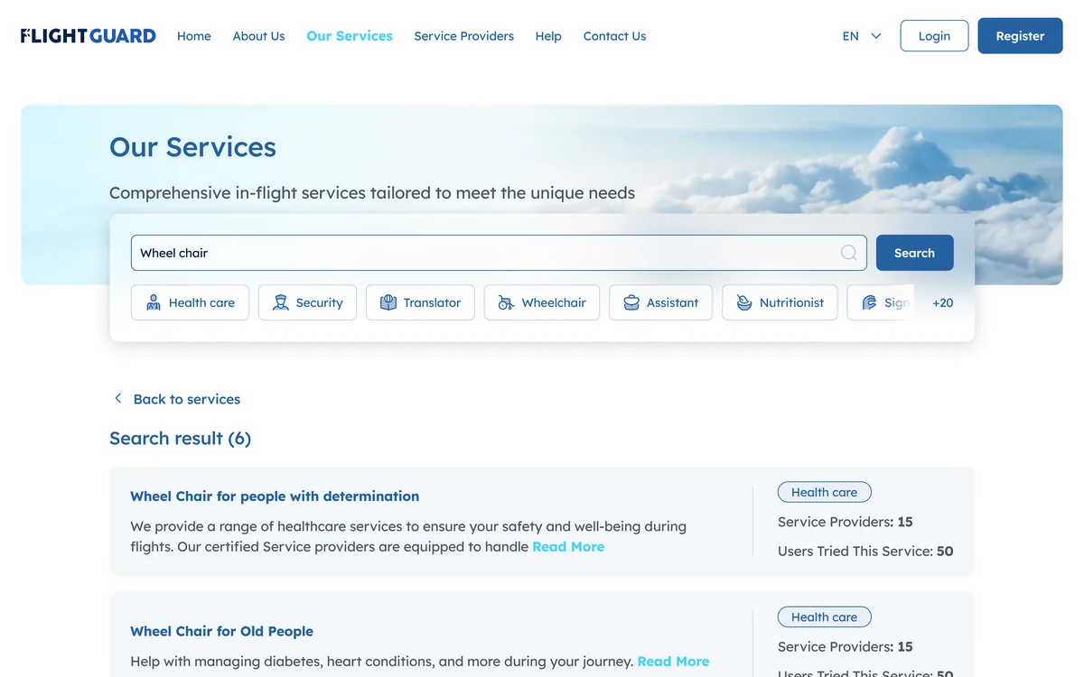 FlightGuard services page: the search results with each service's detail