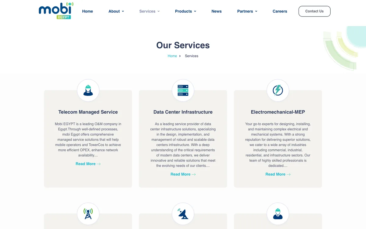Mobi Egypt services page: managed telecom, data centre infrastructure and electromechanical cards