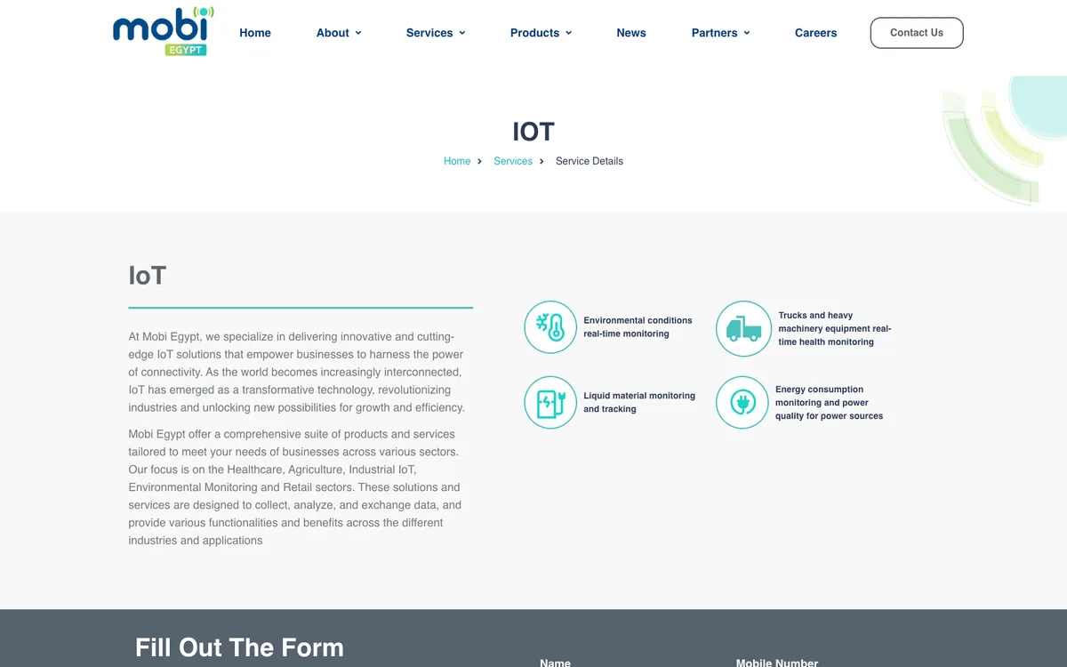 Mobi Egypt IoT service page: the service overview beside its four monitoring capabilities