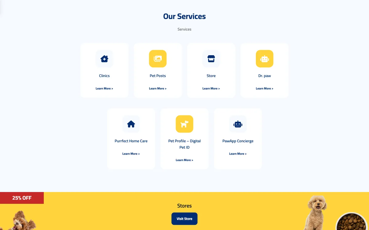 Paw App services: clinics, pet posts, store, Dr.paw, home care, digital pet ID and concierge