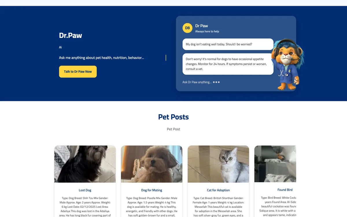 Paw App: the Dr.paw chat assistant answering a pet health question, above the pet posts feed