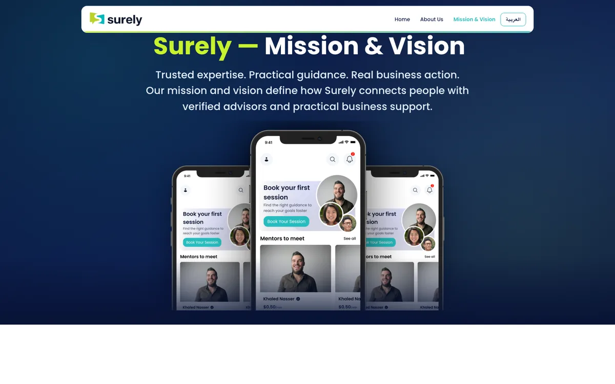Surely mission and vision page, with three app screens