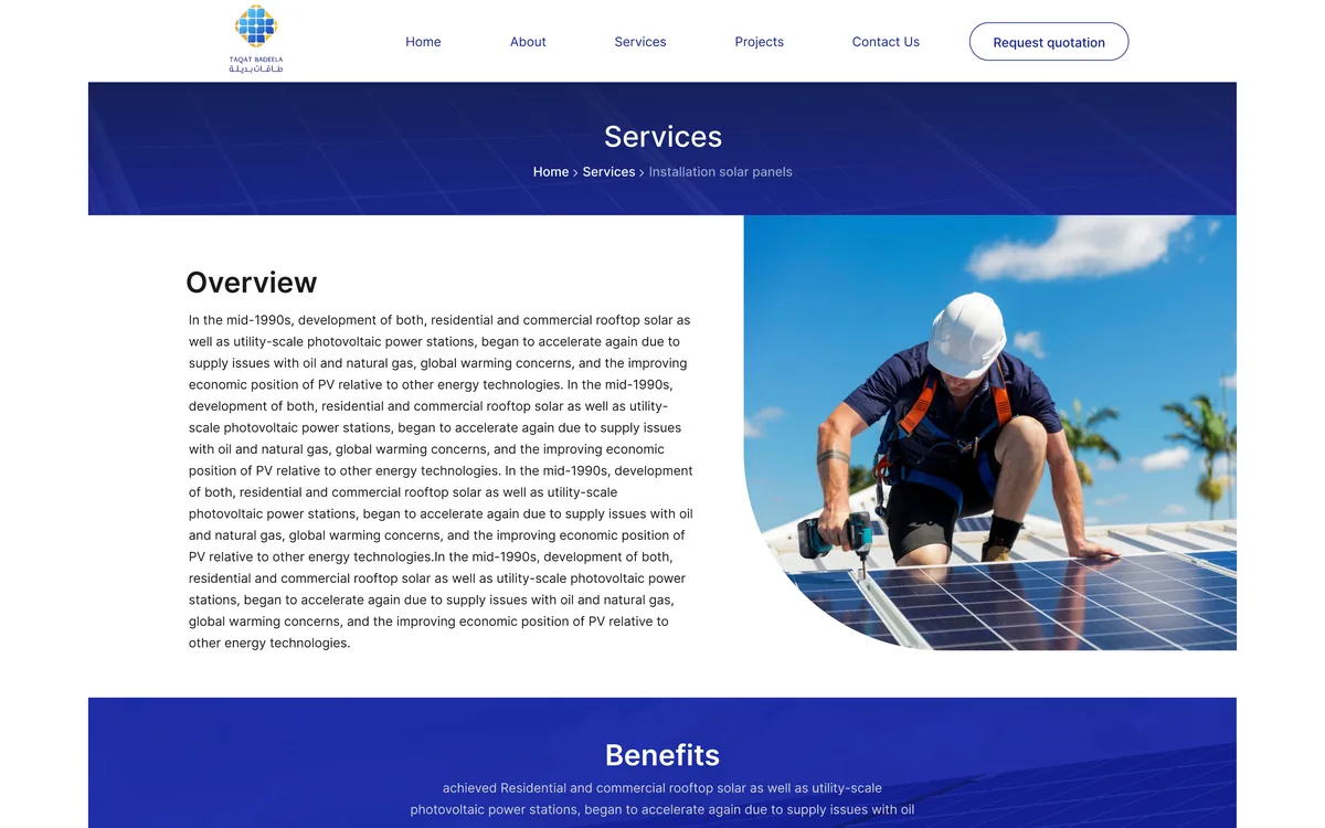 Taqat Badeela services page: the overview beside an installation photograph