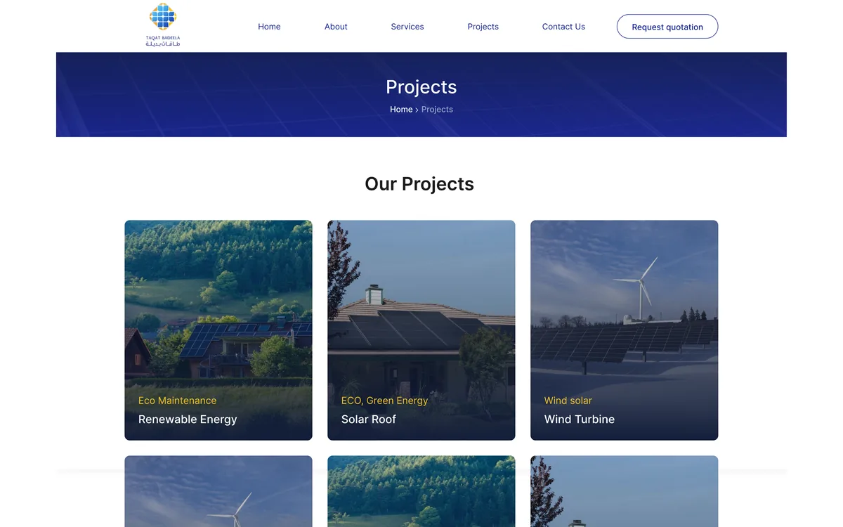 Taqat Badeela projects page: renewable energy, solar roof and wind turbine work