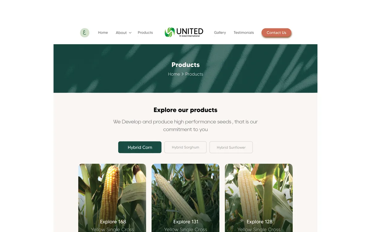 United Hi-bred products page: the hybrid corn, sorghum and sunflower seeds