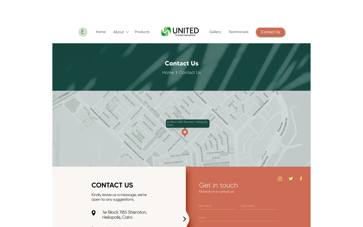 United Hi-bred contact page: the contact details beside the office map