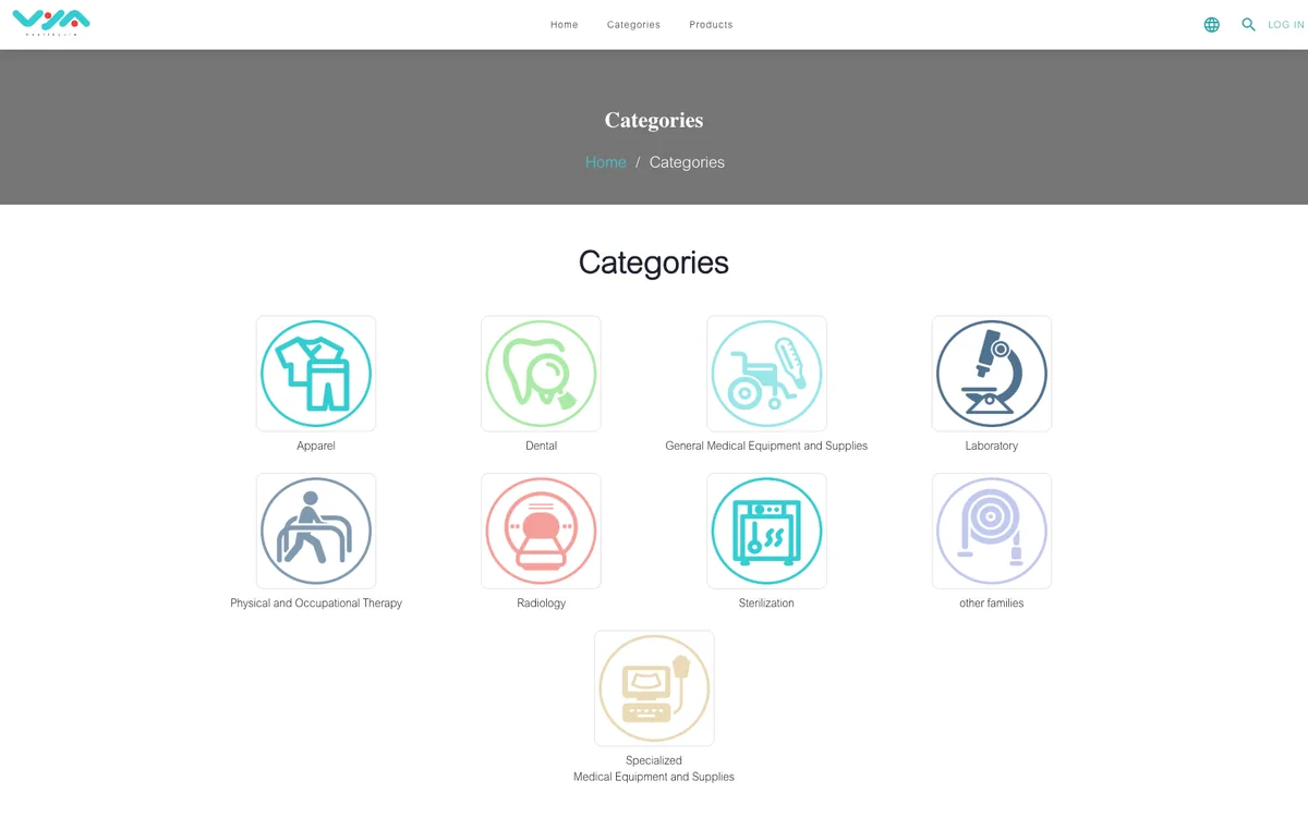 VYA categories page: the medical equipment categories as an icon grid