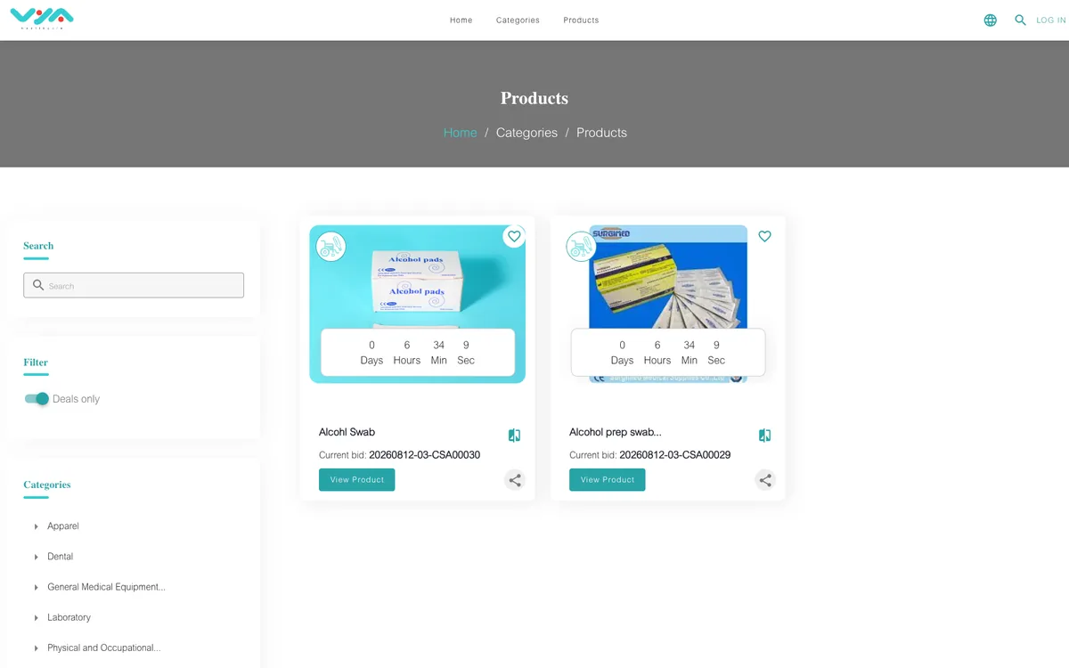 VYA products page: the product listings beside the category filters