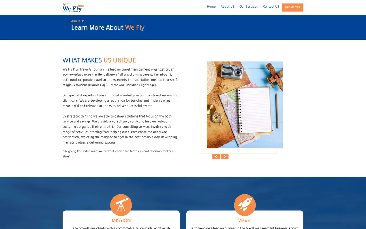 We Fly Plus about page: the "what makes us unique" section on its travel management practice