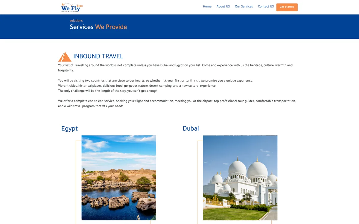 We Fly Plus inbound travel page: the Egypt and Dubai destination cards